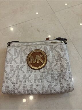 Vintage Michael Kors White Logo Crossbody with Gold MK Medallion